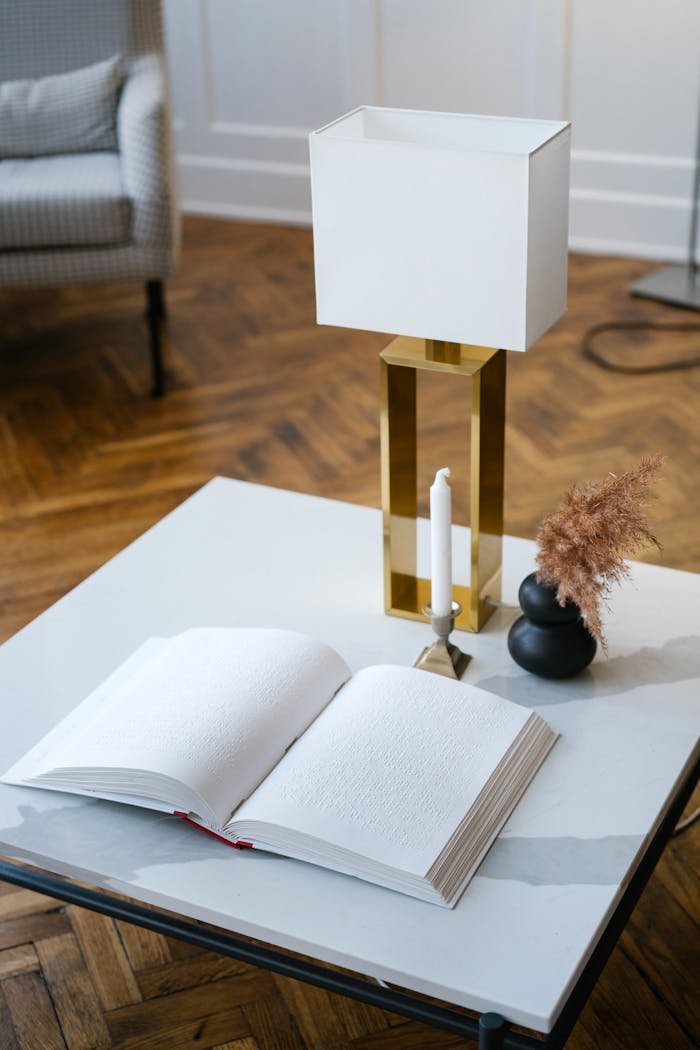 Stylish living room showcasing an open braille book on a modern table.